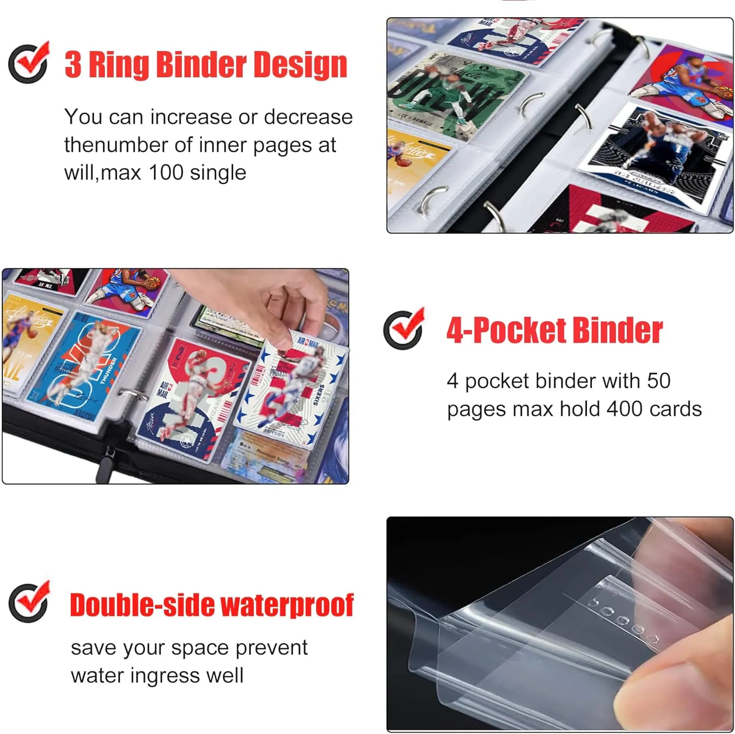 400 Pockets Basketball Card Binder for Basketball Trading Cards Collectors,Portable Waterproof Card Storage Bag with Removable Sleeves,Compatible with Basketball Cards 2024-2025