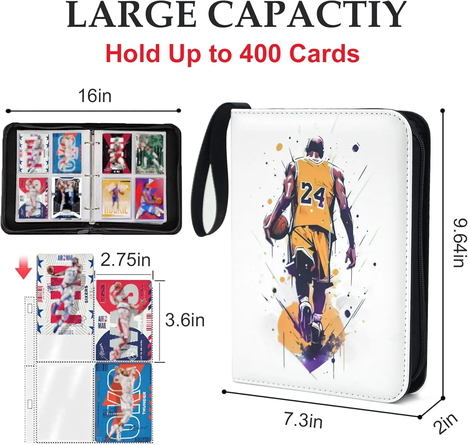 400 Pockets Basketball Card Binder for Basketball Trading Cards Collectors,Portable Waterproof Card Storage Bag with Removable Sleeves,Compatible with Basketball Cards 2024-2025