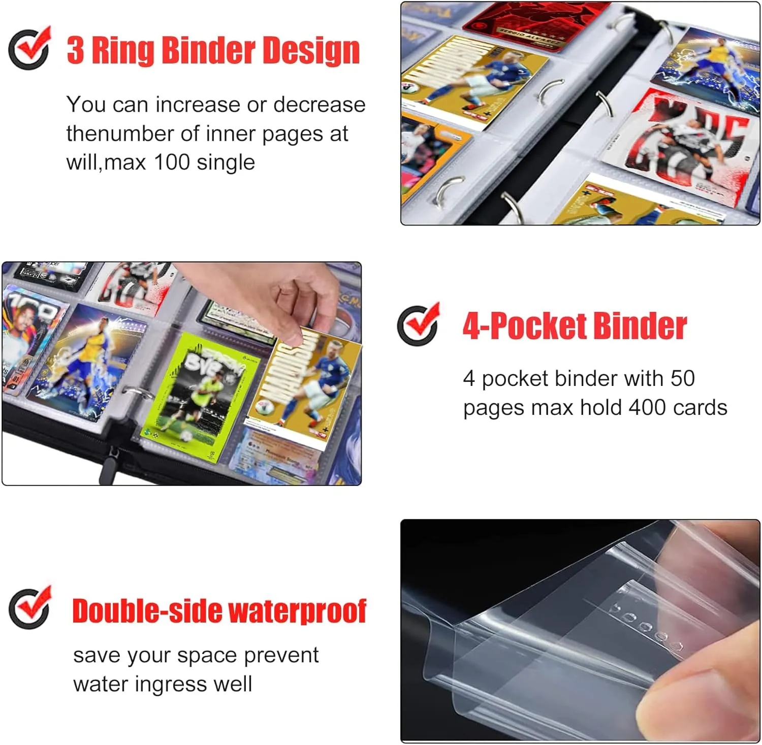 400 Pockets Soccer Card Binder for Soccer Trading Cards 2024-2025,Portable Waterproof Storage Bag with Removable Sleeves for Sports TCG Cards Collectors