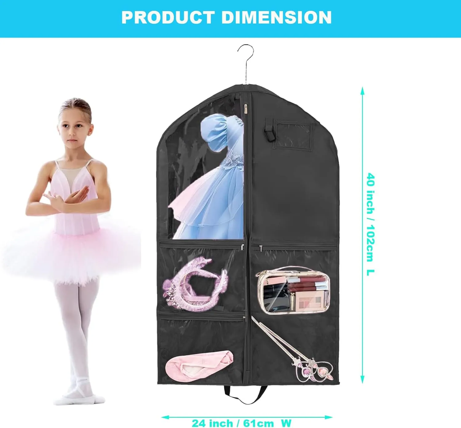 40Inch Garment Bag for Hanging Clothes, Waterproof Dance Costume Bags, Gusseted Hanging Garment Bags for Travel Storage, Kids Garment Bag, Garment Bag for Dance Competitions（Black-2 pack)