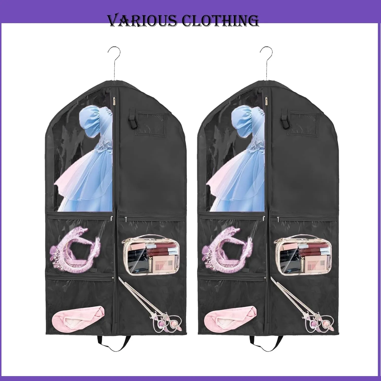 40Inch Garment Bag for Hanging Clothes, Waterproof Dance Costume Bags, Gusseted Hanging Garment Bags for Travel Storage, Kids Garment Bag, Garment Bag for Dance Competitions（Black-2 pack)