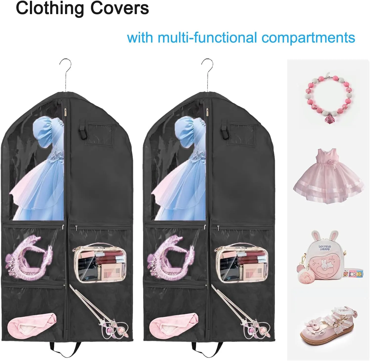 40Inch Garment Bag for Hanging Clothes, Waterproof Dance Costume Bags, Gusseted Hanging Garment Bags for Travel Storage, Kids Garment Bag, Garment Bag for Dance Competitions（Black-2 pack)