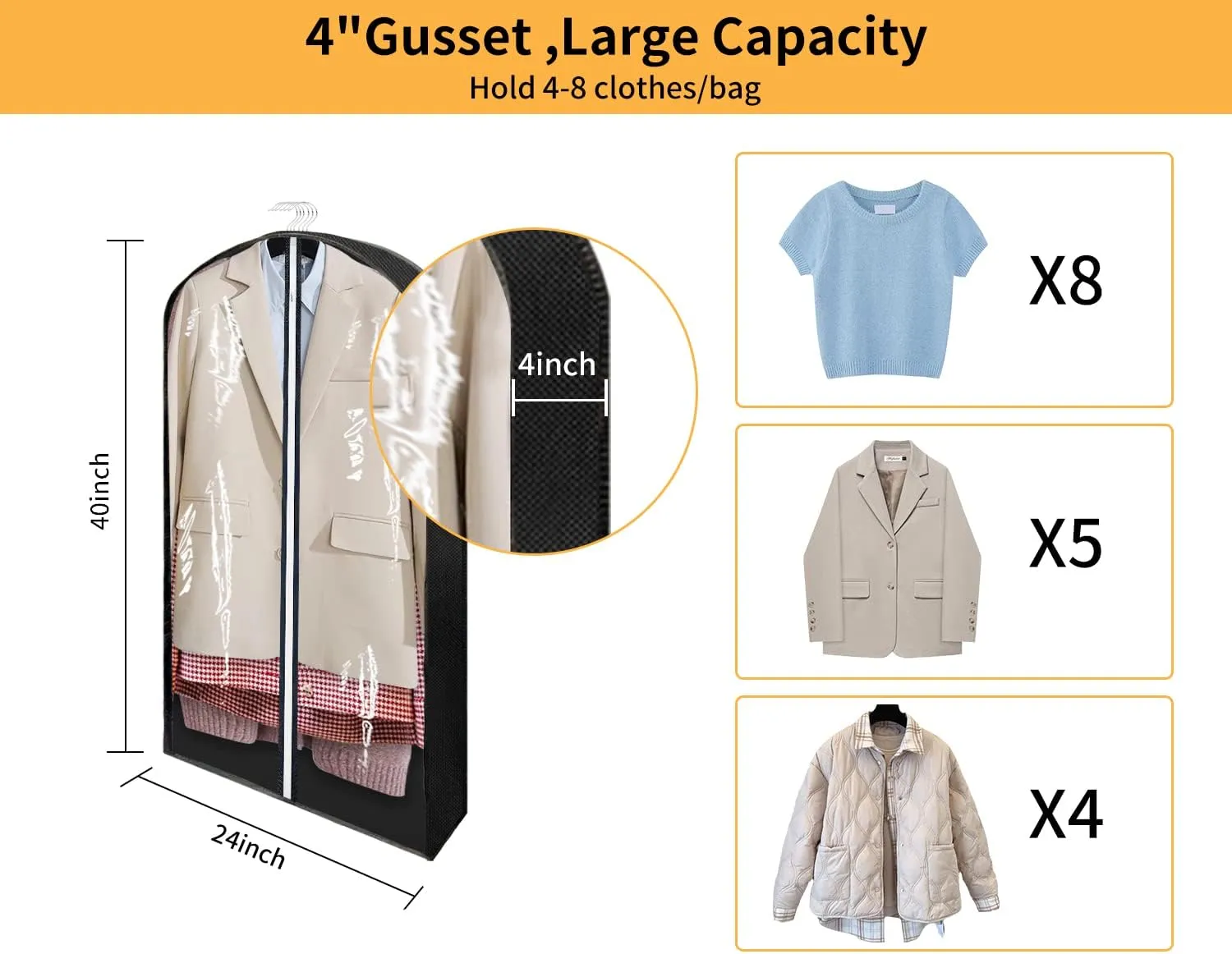 40" Garment Bags for Hanging Clothes Closet Storage with 4" Gussets, Clear Clothes Protectors for Hanging Clothes Suit Cover for Coats, Shirts, Sweaters Storage (Black,3 Packs)