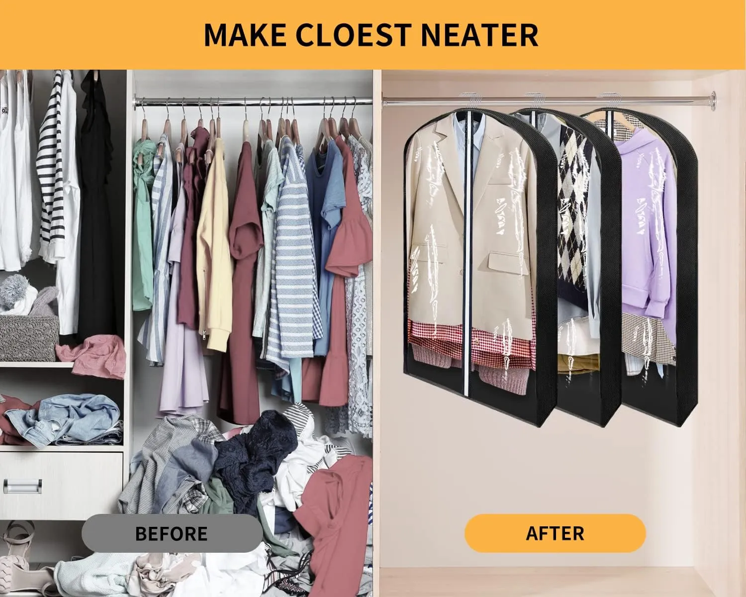 40" Garment Bags for Hanging Clothes Closet Storage with 4" Gussets, Clear Clothes Protectors for Hanging Clothes Suit Cover for Coats, Shirts, Sweaters Storage (Black,3 Packs)