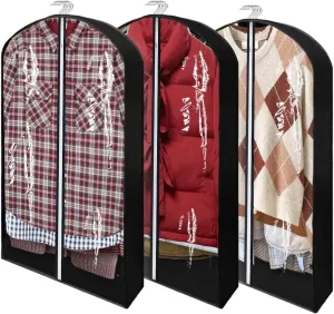 40" Garment Bags for Hanging Clothes Closet Storage with 4" Gussets, Clear Clothes Protectors for Hanging Clothes Suit Cover for Coats, Shirts, Sweaters Storage (Black,3 Packs)
