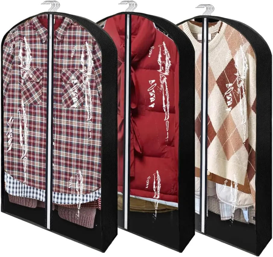 40" Garment Bags for Hanging Clothes Closet Storage with 4" Gussets, Clear Clothes Protectors for Hanging Clothes Suit Cover for Coats, Shirts, Sweaters Storage (Black,3 Packs)