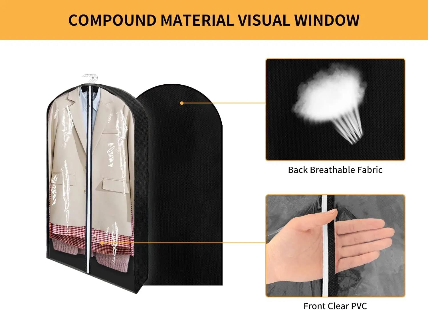 40" Garment Bags for Hanging Clothes Closet Storage with 4" Gussets, Clear Clothes Protectors for Hanging Clothes Suit Cover for Coats, Shirts, Sweaters Storage (Black,3 Packs)