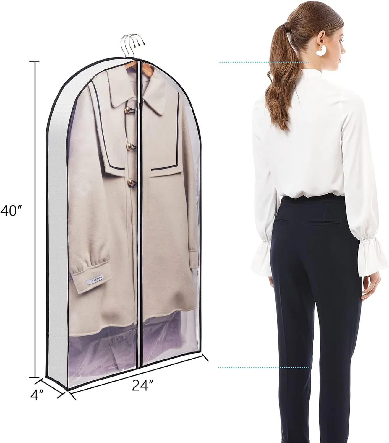40" Garment Bags for Travel, Suits Bag with 4" Gusset for Hanging Clothes, Wutrye Closet Clothes Organizer Storage Protector Cover for Sweater Coat Jacket Shirts 5 Packs-White