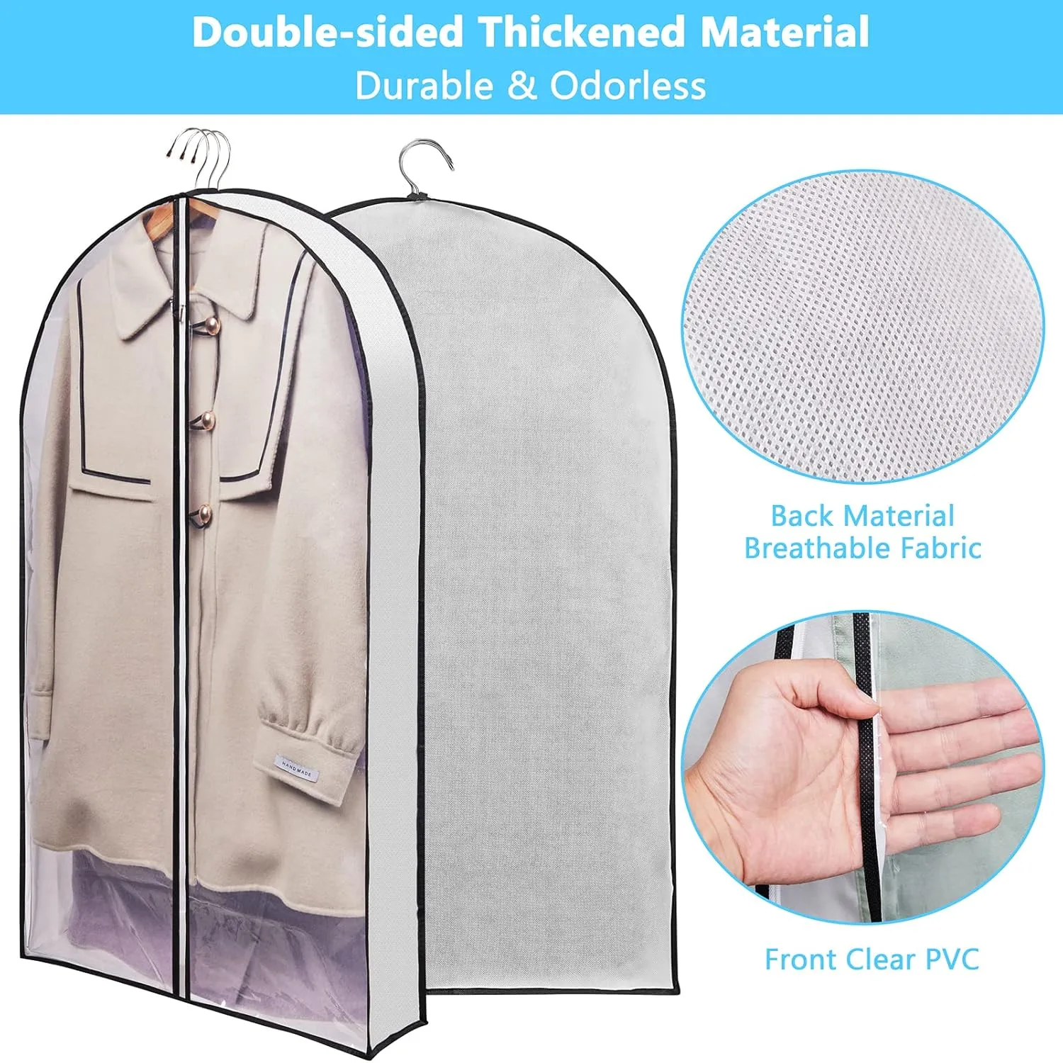 40" Garment Bags for Travel, Suits Bag with 4" Gusset for Hanging Clothes, Wutrye Closet Clothes Organizer Storage Protector Cover for Sweater Coat Jacket Shirts 5 Packs-White