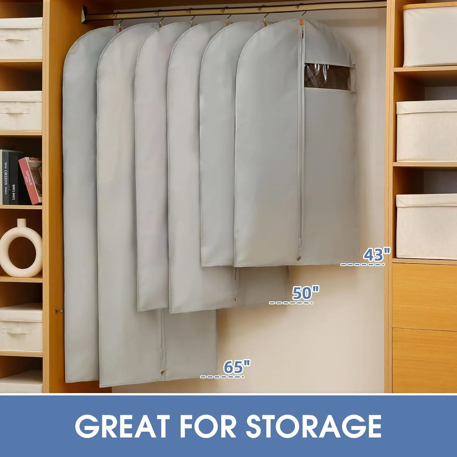 43" Garment Bag, Mens Suit Bags for Closet Storage and Travel, Garment Bags for Hanging Clothes, Foldable Suit Cover Bags with Clear Window for Coats, Jackets, Shirts - Gray/ 5 Packs