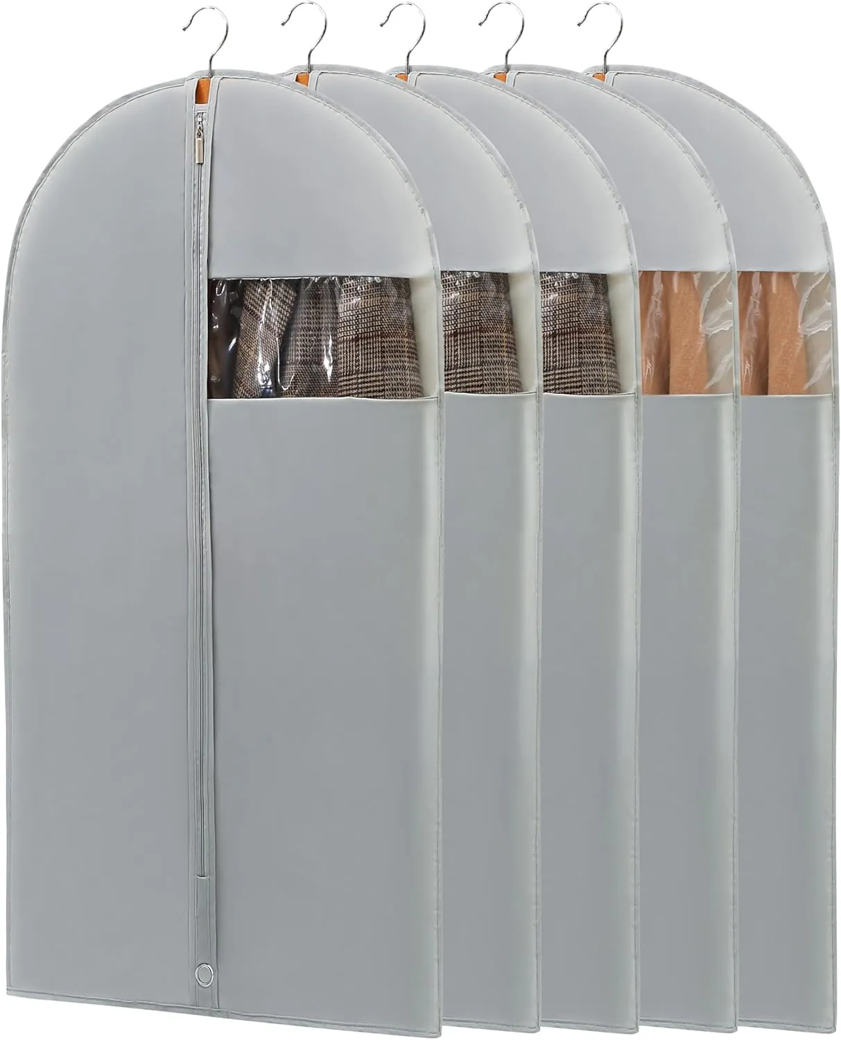 43" Garment Bag, Mens Suit Bags for Closet Storage and Travel, Garment Bags for Hanging Clothes, Foldable Suit Cover Bags with Clear Window for Coats, Jackets, Shirts - Gray/ 5 Packs