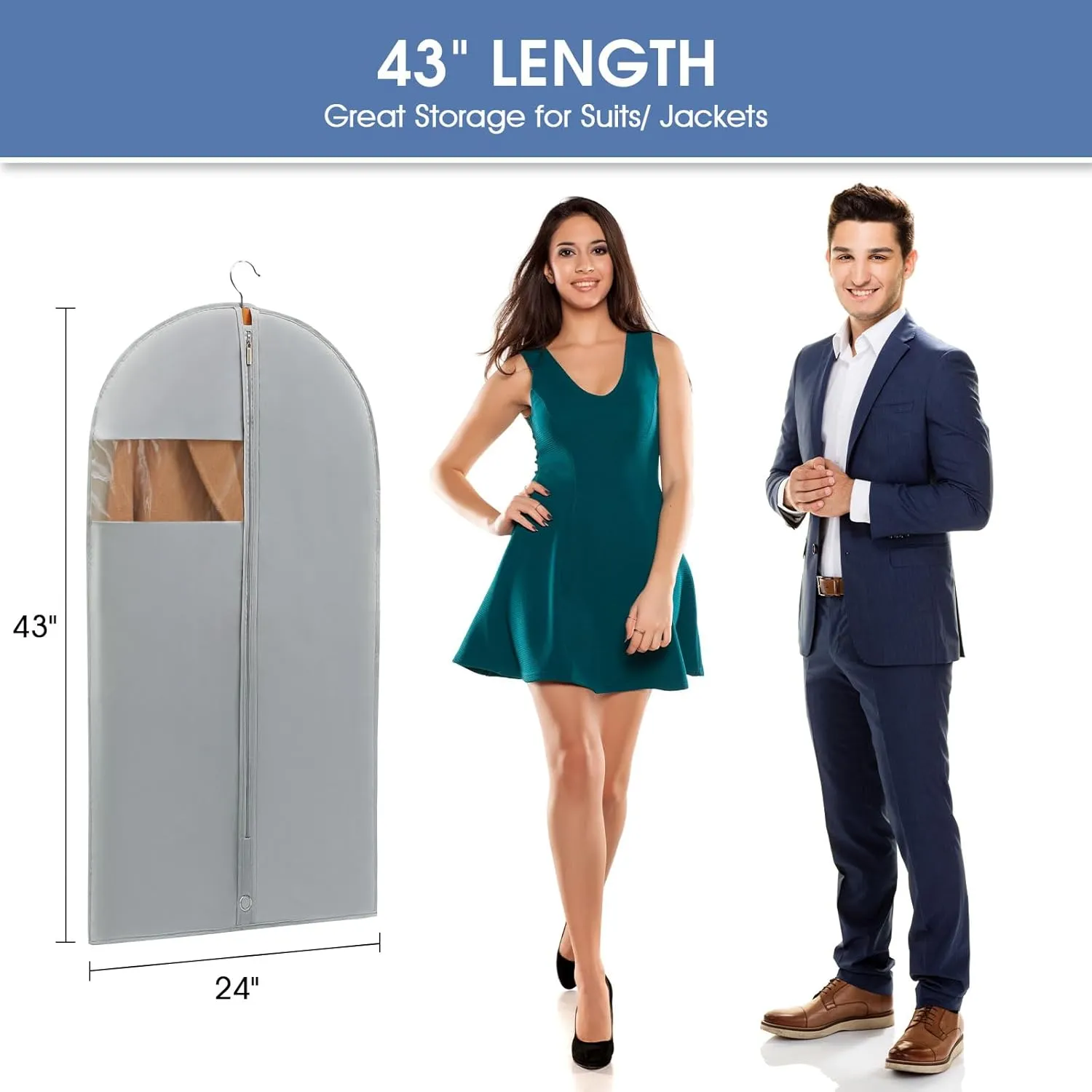 43" Garment Bag, Mens Suit Bags for Closet Storage and Travel, Garment Bags for Hanging Clothes, Foldable Suit Cover Bags with Clear Window for Coats, Jackets, Shirts - Gray/ 5 Packs