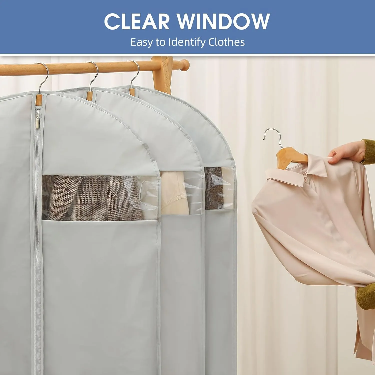 43" Garment Bag, Mens Suit Bags for Closet Storage and Travel, Garment Bags for Hanging Clothes, Foldable Suit Cover Bags with Clear Window for Coats, Jackets, Shirts - Gray/ 5 Packs