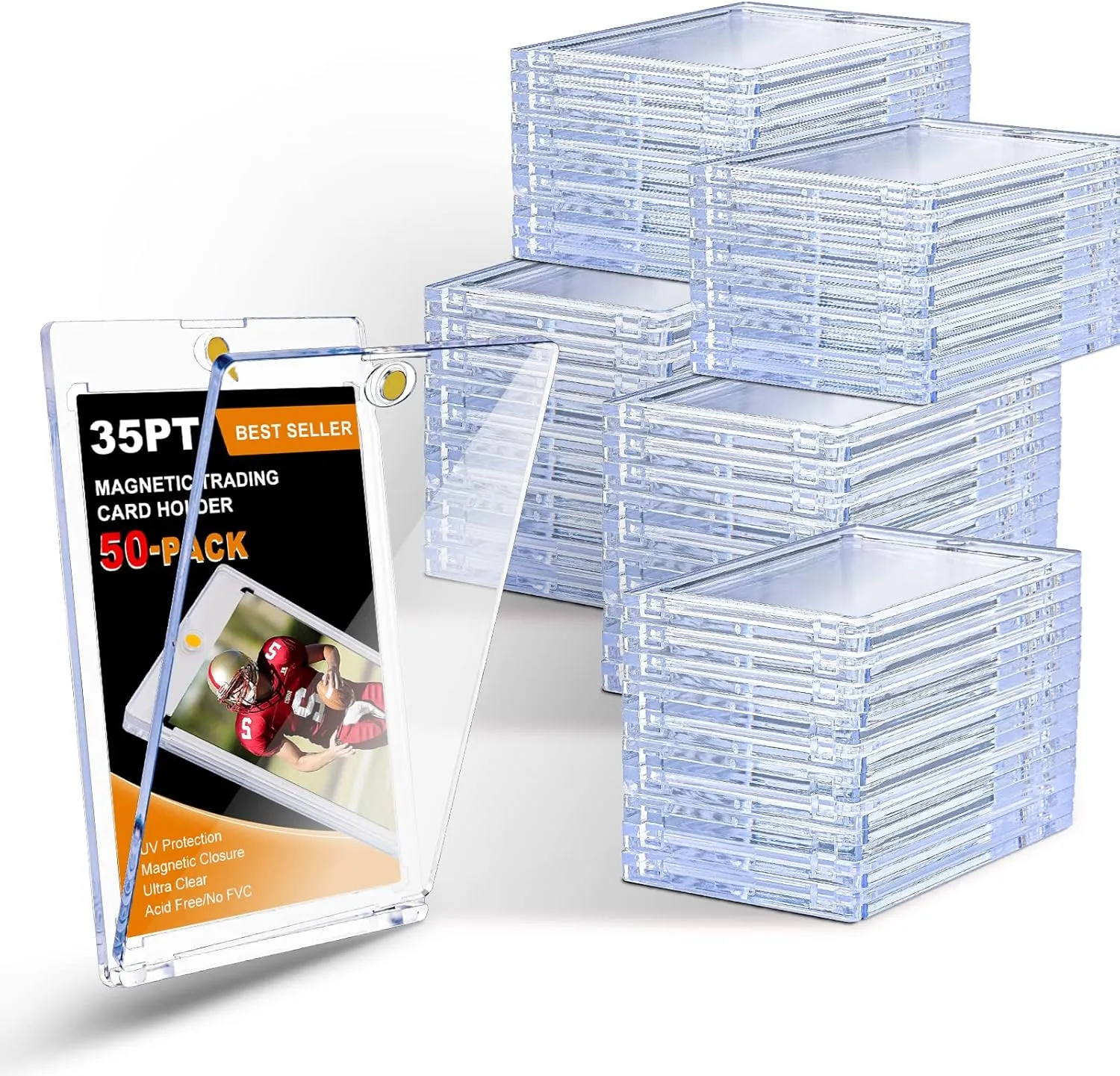 50 Pack Magnetic Card Holders for Trading Cards, One Touch Magnetic Card Holder 35pt, Baseball Card Holder Hard Plastic Card Cases for Baseball Card Sports Cards