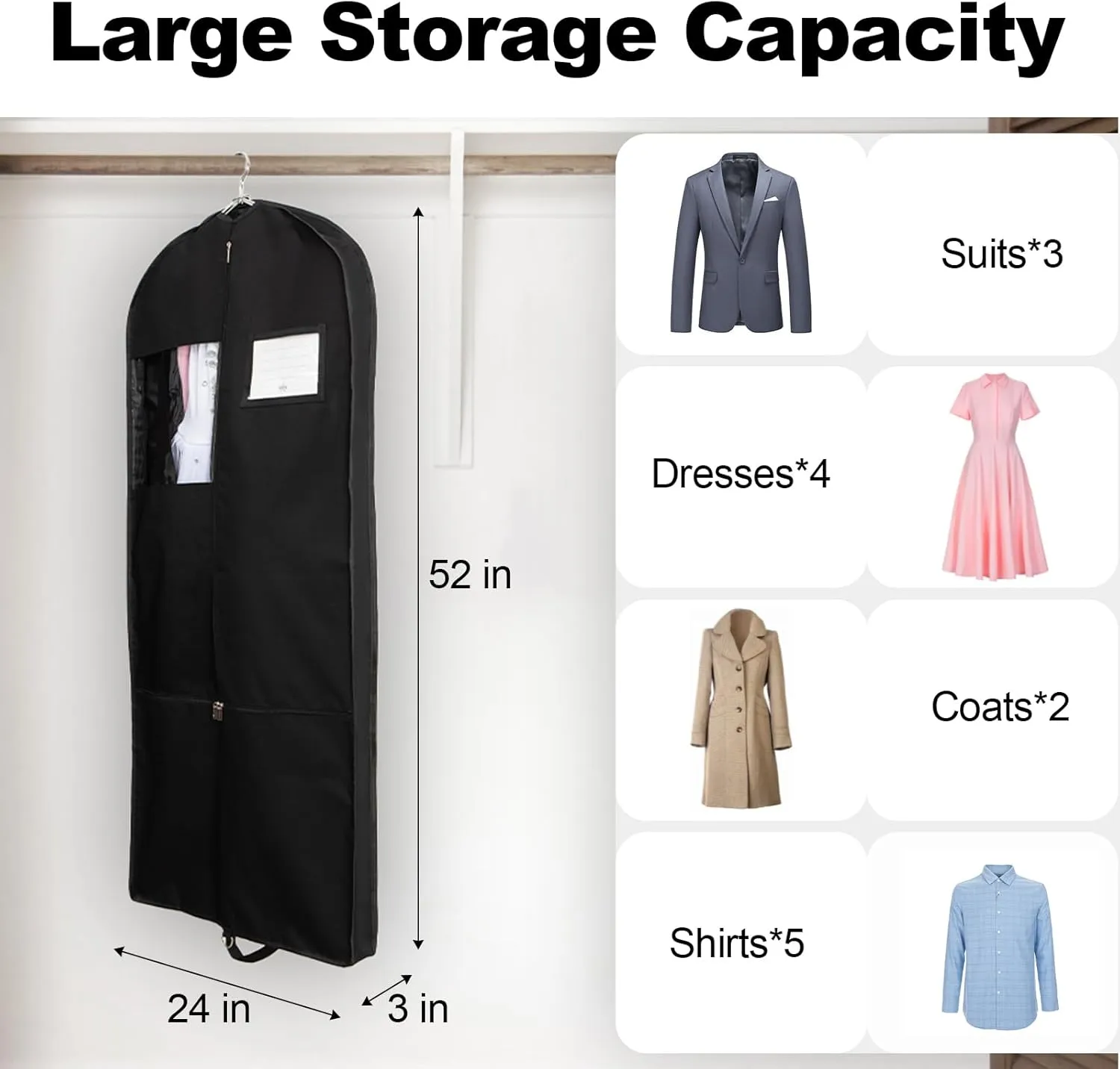 52-Inch Garment Bag for Travel & Storage Suit and Dress Carrier with 2 Pockets and Carry Handles Garment Covers Bags Perfect for Business Trips, Vacations, and Wedding (Black-2 Packs)