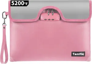 5200°F Fireproof Money Bag with Lock, Water Fireproof Document Bag with Zipper, 8 Layers Fire Insulation, Fireproof Safe Storage Pouch with Lock for Cash, Passport, Certificate(10" x 13", Pink)