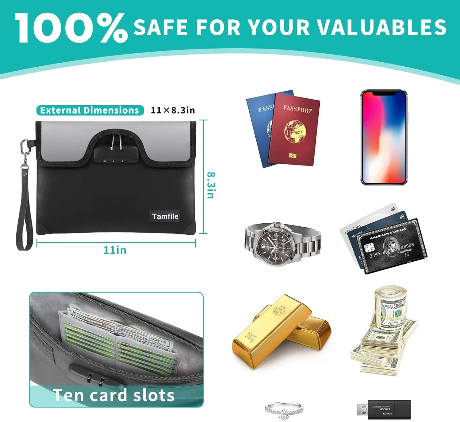 5200°F Fireproof Money Bag with Lock, Water Fireproof Document Bag with Zipper, 8 Layers Fire Insulation, Small Fireproof Safe Storage Pouch with Lock for Cash, Passport, (8.3" x 11", Black)