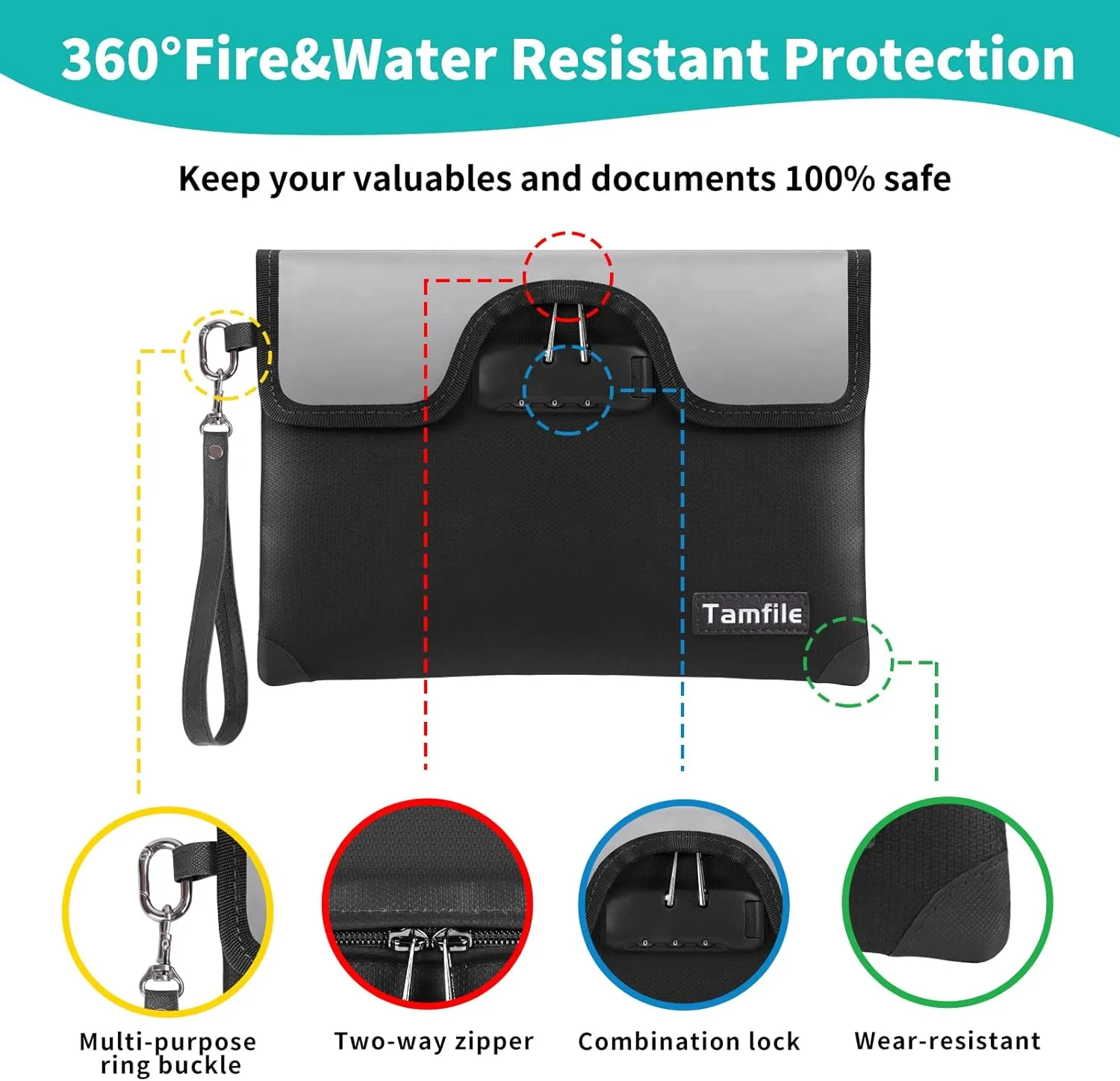 5200°F Fireproof Money Bag with Lock, Water Fireproof Document Bag with Zipper, 8 Layers Fire Insulation, Small Fireproof Safe Storage Pouch with Lock for Cash, Passport, (8.3" x 11", Black)