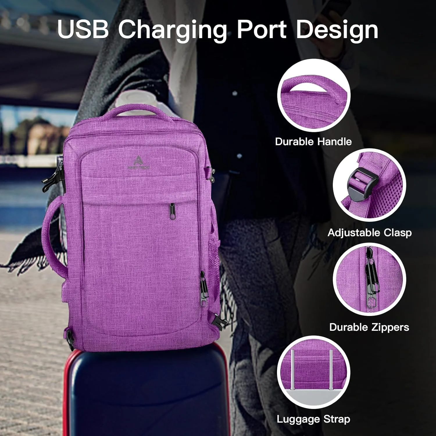 55L Carry On Backpack, Extra Large Laptop Backpack, Big Capacity Travel Backpack for Women, Expandable Water Resistant Bag Anti-Theft Business Daypack Fit 18 Inch Laptop with USB Port,Purple