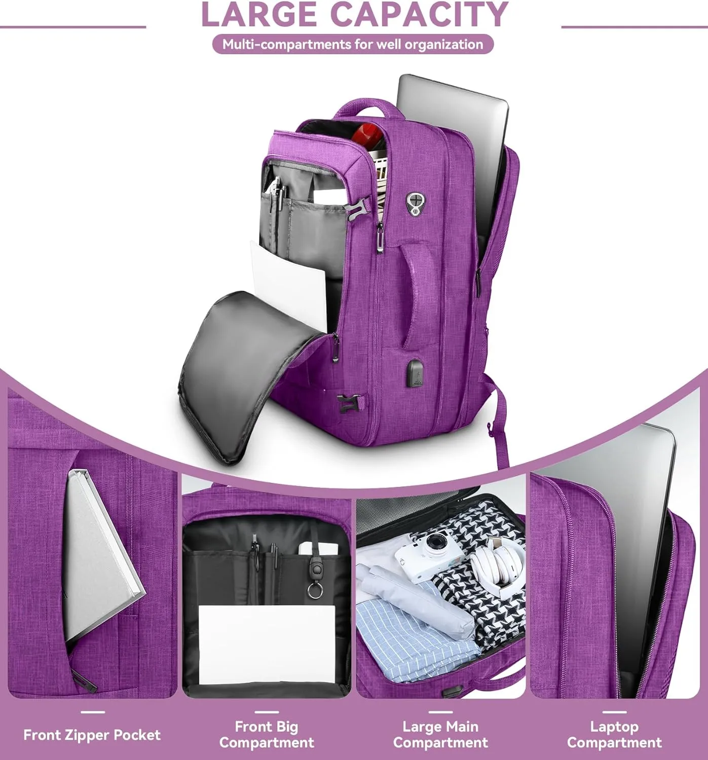 55L Carry On Backpack, Extra Large Laptop Backpack, Big Capacity Travel Backpack for Women, Expandable Water Resistant Bag Anti-Theft Business Daypack Fit 18 Inch Laptop with USB Port,Purple