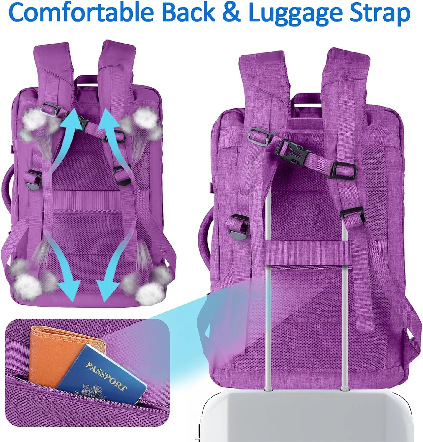 55L Carry On Backpack, Extra Large Laptop Backpack, Big Capacity Travel Backpack for Women, Expandable Water Resistant Bag Anti-Theft Business Daypack Fit 18 Inch Laptop with USB Port,Purple