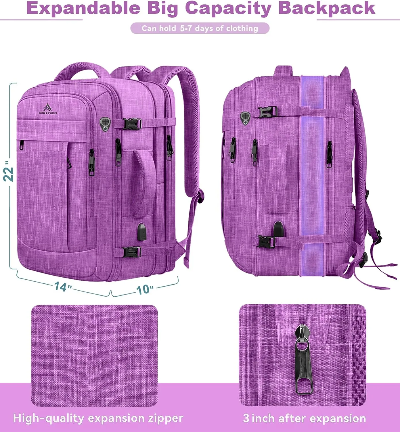 55L Carry On Backpack, Extra Large Laptop Backpack, Big Capacity Travel Backpack for Women, Expandable Water Resistant Bag Anti-Theft Business Daypack Fit 18 Inch Laptop with USB Port,Purple