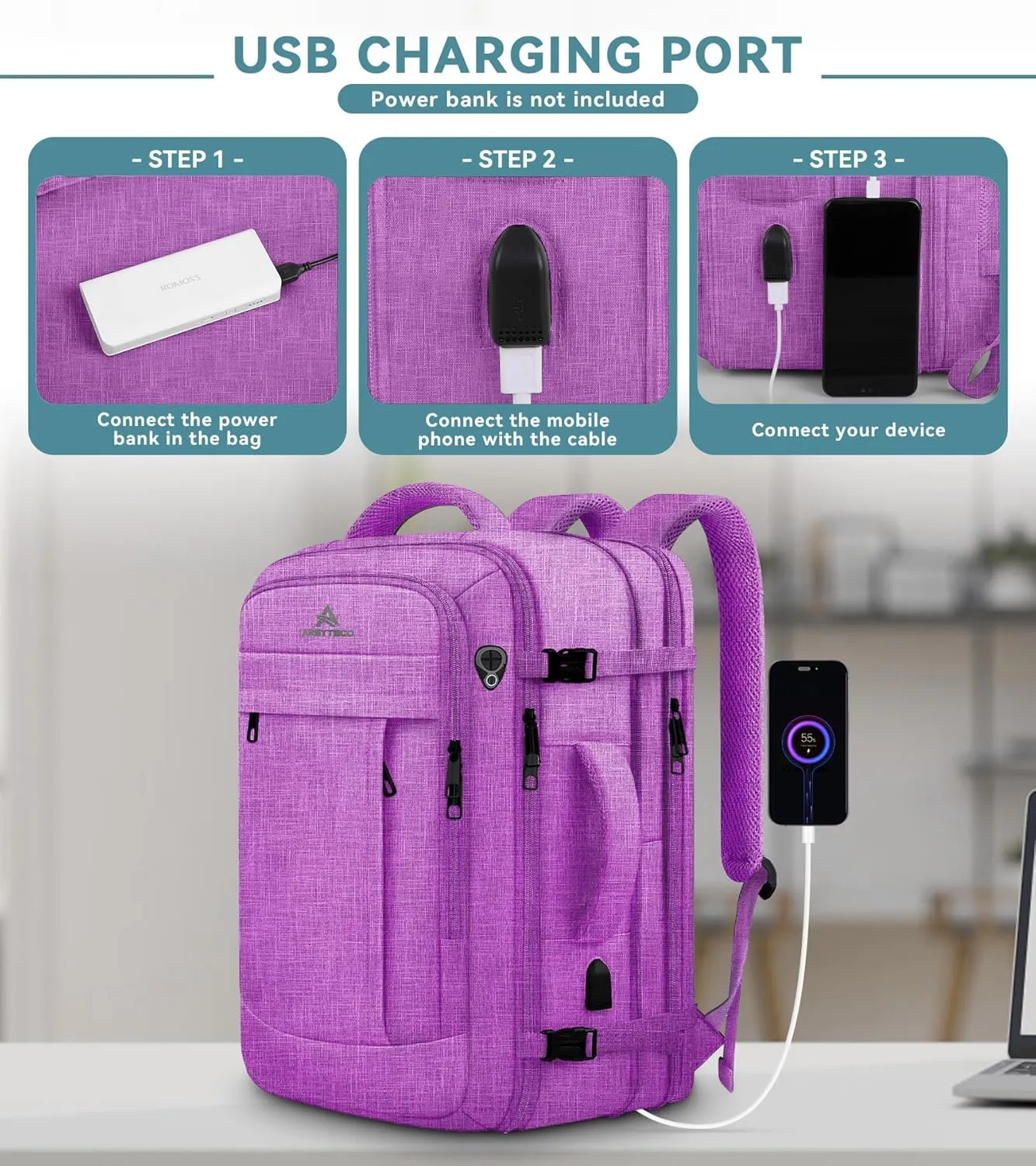 55L Carry On Backpack, Extra Large Laptop Backpack, Big Capacity Travel Backpack for Women, Expandable Water Resistant Bag Anti-Theft Business Daypack Fit 18 Inch Laptop with USB Port,Purple