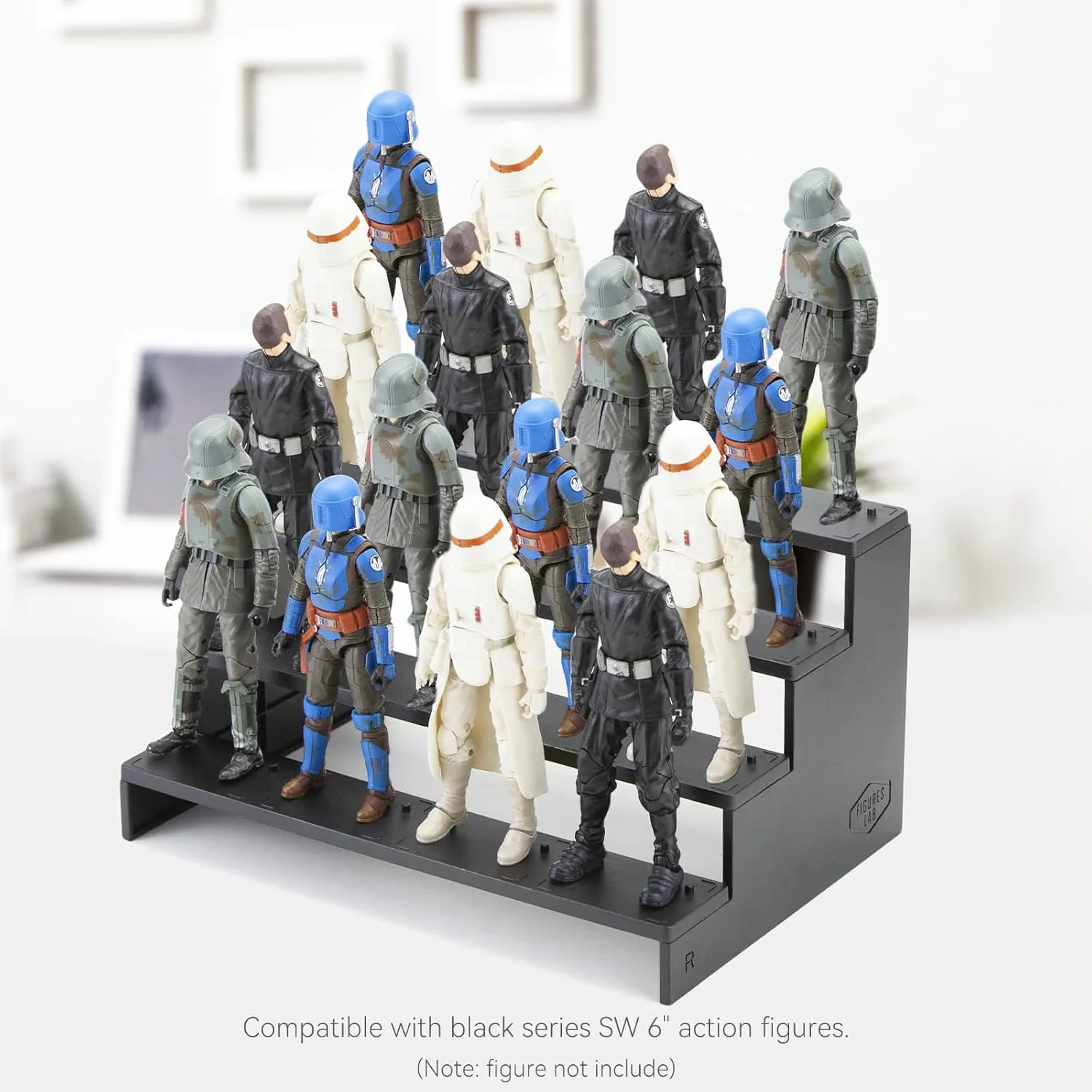 6 inch Star Was Black Series Figure Risers Stand for Display, Action Figure Riser Display Shelf with Pegs, Figure Support Holder Base, 1/12 Scale Toy Organizer Stand, Black 4 Tiers