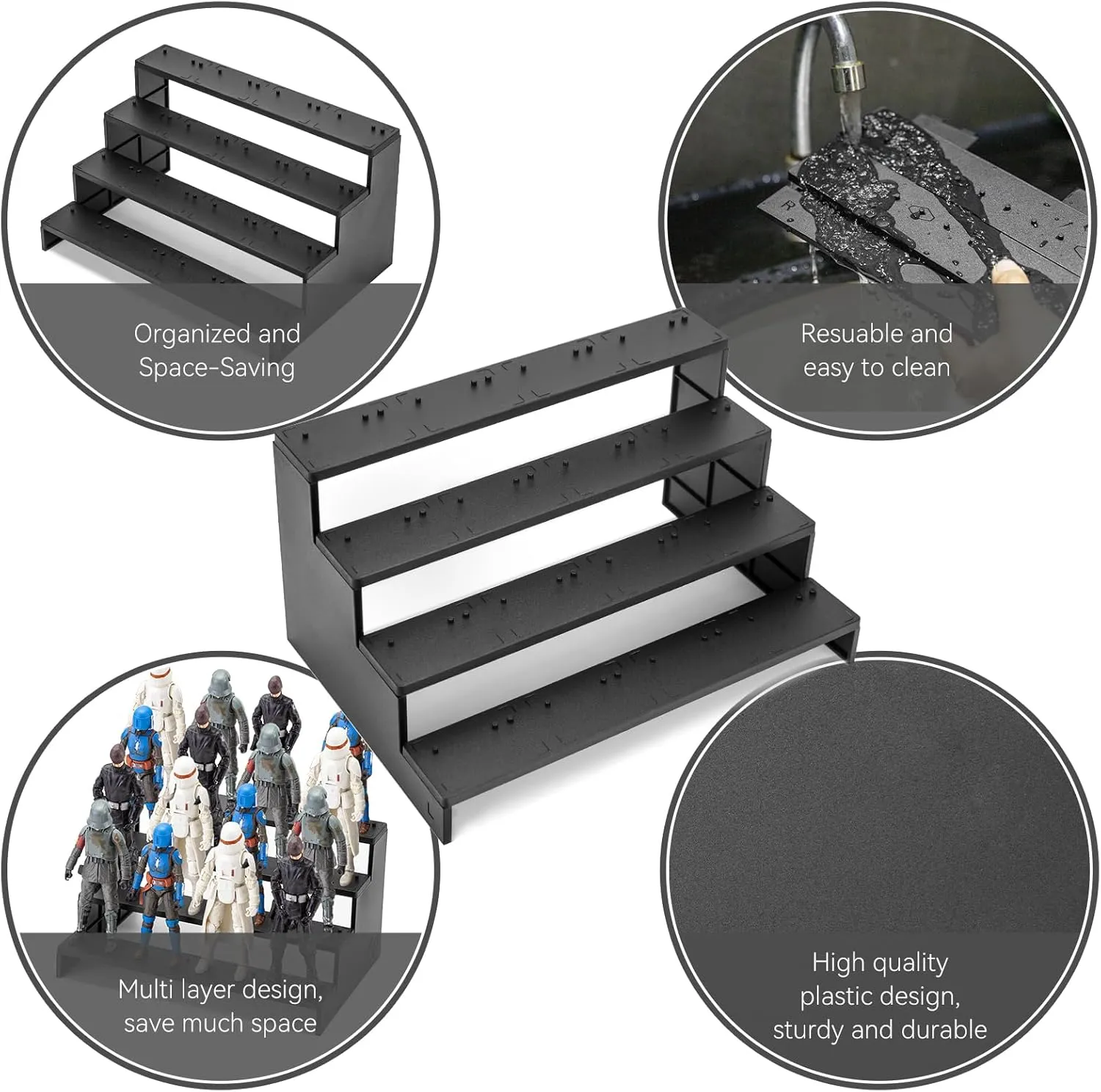 6 inch Star Was Black Series Figure Risers Stand for Display, Action Figure Riser Display Shelf with Pegs, Figure Support Holder Base, 1/12 Scale Toy Organizer Stand, Black 4 Tiers
