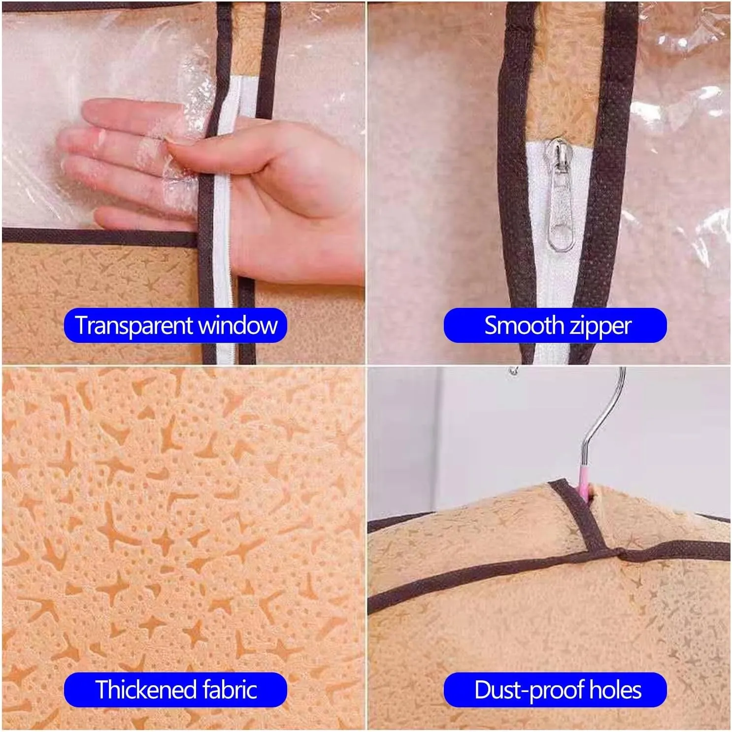 6 Pack Garment Bags, Non-Woven Fabrics Suit Bag with Clear Window, Hanging Clothes Storage Bag for Sweaters Shirts, Jackets(Beige,60x108x10cm)