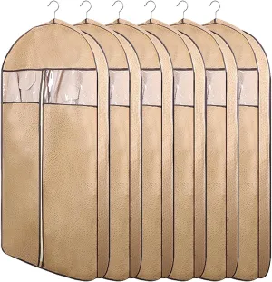 6 Pack Garment Bags, Non-Woven Fabrics Suit Bag with Clear Window, Hanging Clothes Storage Bag for Sweaters Shirts, Jackets(Beige,60x108x10cm)