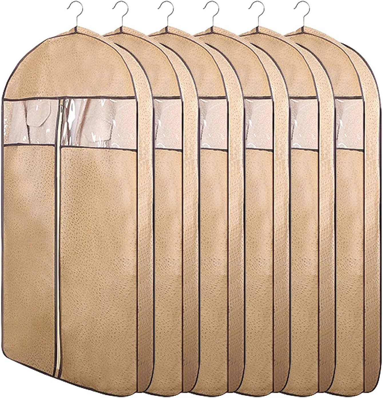 6 Pack Garment Bags, Non-Woven Fabrics Suit Bag with Clear Window, Hanging Clothes Storage Bag for Sweaters Shirts, Jackets(Beige,60x108x10cm)