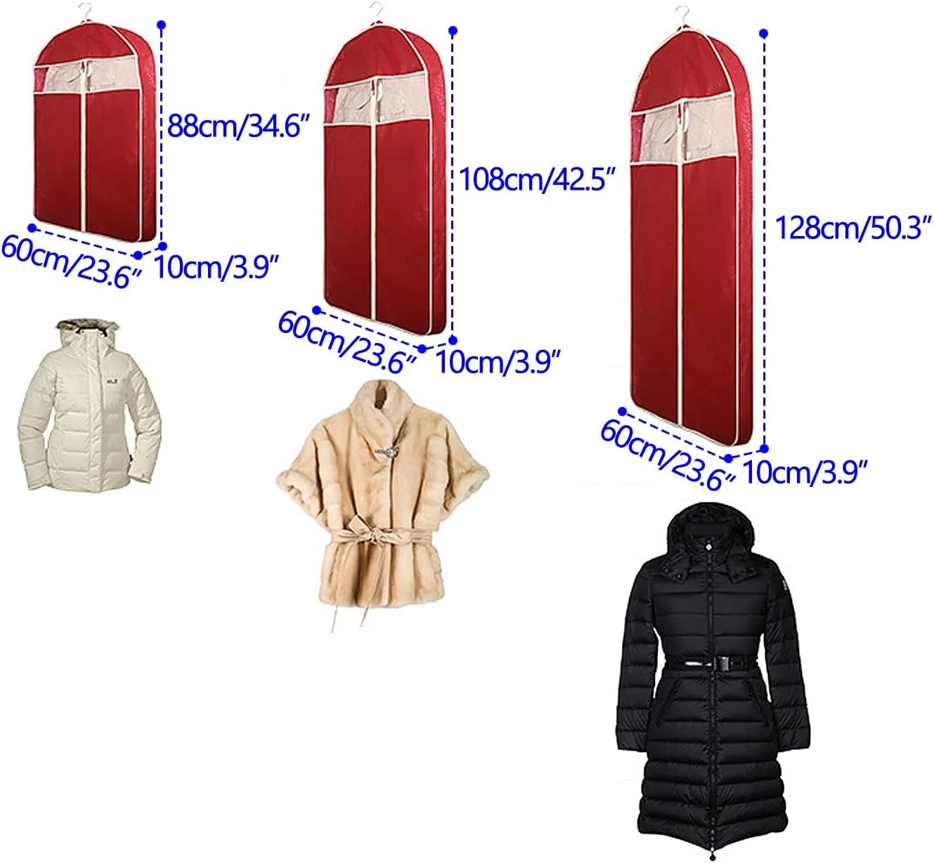 6 Pack Garment Bags, Non-Woven Fabrics Suit Bag with Clear Window, Hanging Clothes Storage Bag for Sweaters Shirts, Jackets(Beige,60x108x10cm)