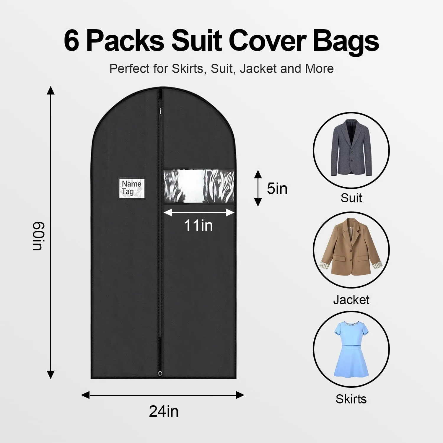 6 Packs Dress Bags, 60 Inches Suit Cover Bags for Travel and Storage, Non-woven Breathable Hanging Garment Bags for Closet Storage Suits, T-shirts, Jackets and Pants - Black