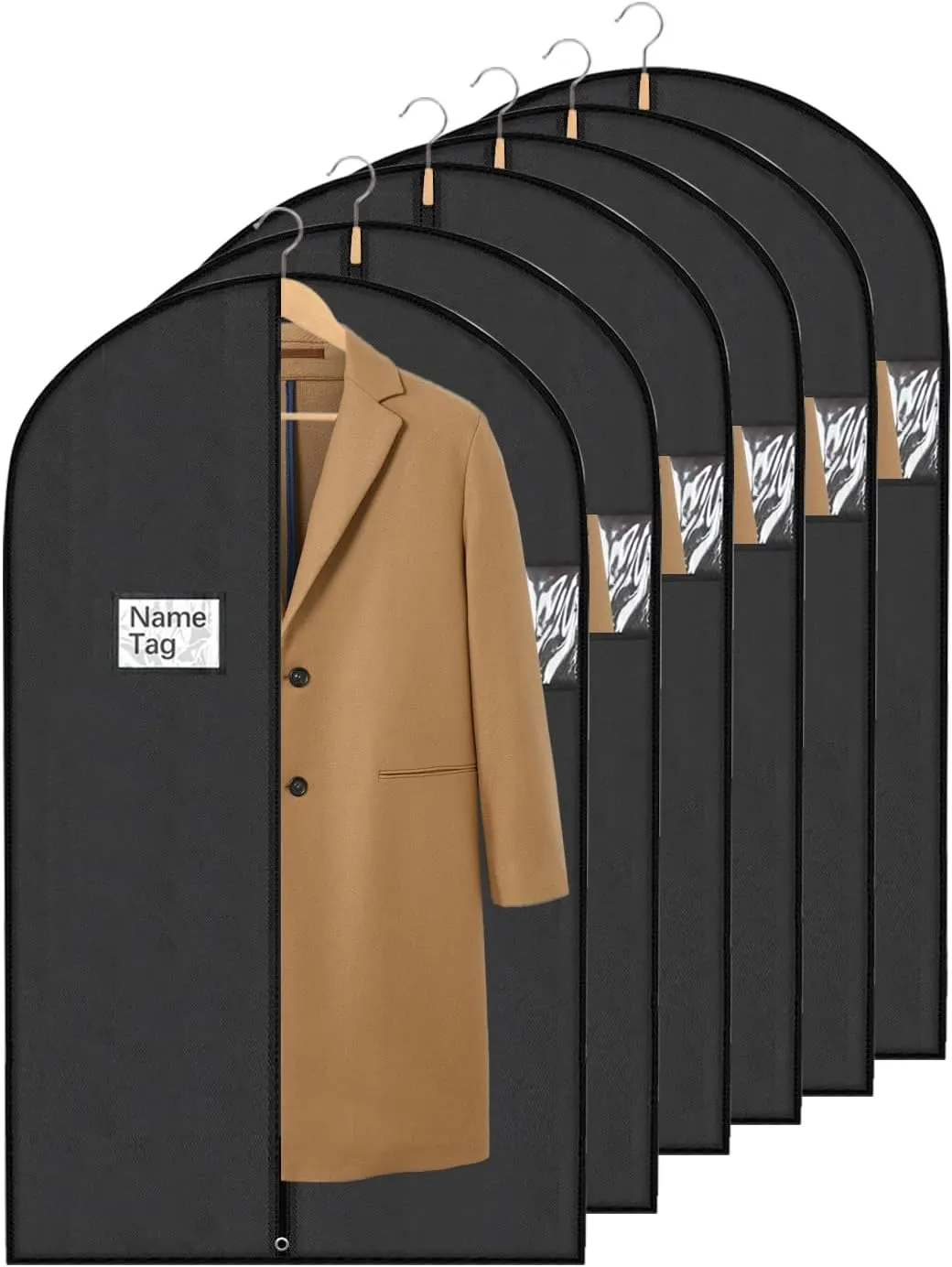 6 Packs Dress Bags, 60 Inches Suit Cover Bags for Travel and Storage, Non-woven Breathable Hanging Garment Bags for Closet Storage Suits, T-shirts, Jackets and Pants - Black