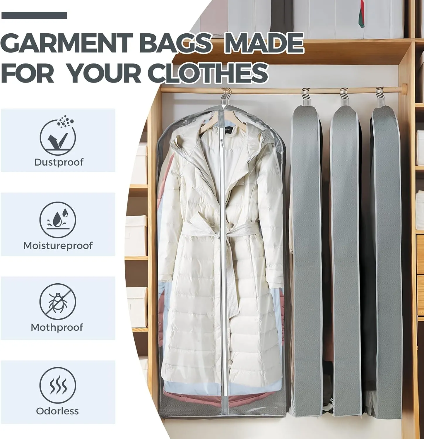 6 Pcs 60" Garment Bags for Hanging Clothes, Clear Suit Bags for Closet Storage Clothing Storage, Garment Bags Shoulder Covers with 4" Gussets for Coats, Jackets, Shirts and Sweater