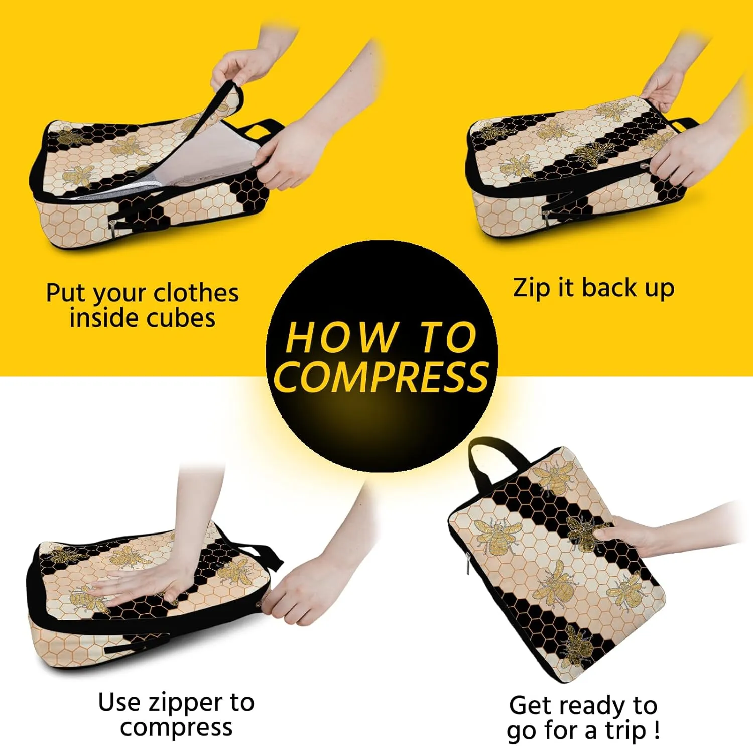 6 Pcs Compression Packing Cubes Waterproof Suitcase Travel Bag Luggage Backpack Organizer Travel Cubes for Packing-Black and Gold Bees