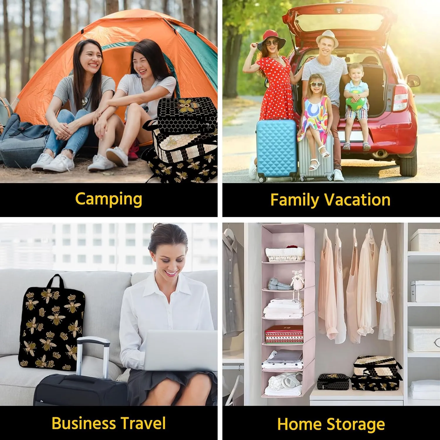 6 Pcs Compression Packing Cubes Waterproof Suitcase Travel Bag Luggage Backpack Organizer Travel Cubes for Packing-Black and Gold Bees