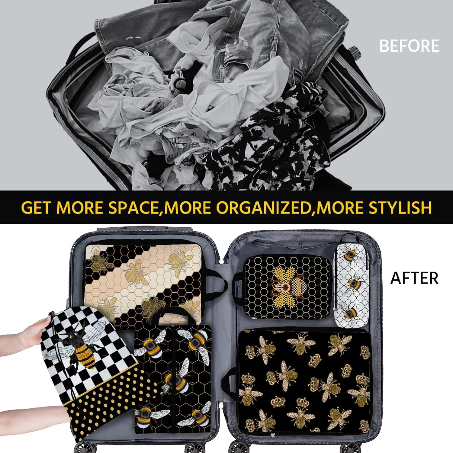 6 Pcs Compression Packing Cubes Waterproof Suitcase Travel Bag Luggage Backpack Organizer Travel Cubes for Packing-Black and Gold Bees