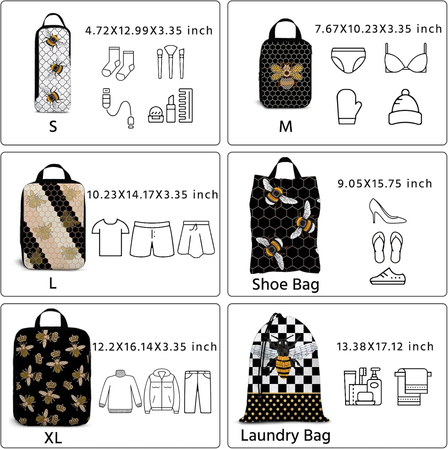 6 Pcs Compression Packing Cubes Waterproof Suitcase Travel Bag Luggage Backpack Organizer Travel Cubes for Packing-Black and Gold Bees