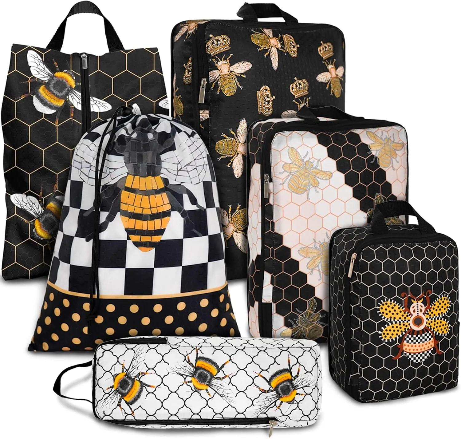 6 Pcs Compression Packing Cubes Waterproof Suitcase Travel Bag Luggage Backpack Organizer Travel Cubes for Packing-Black and Gold Bees