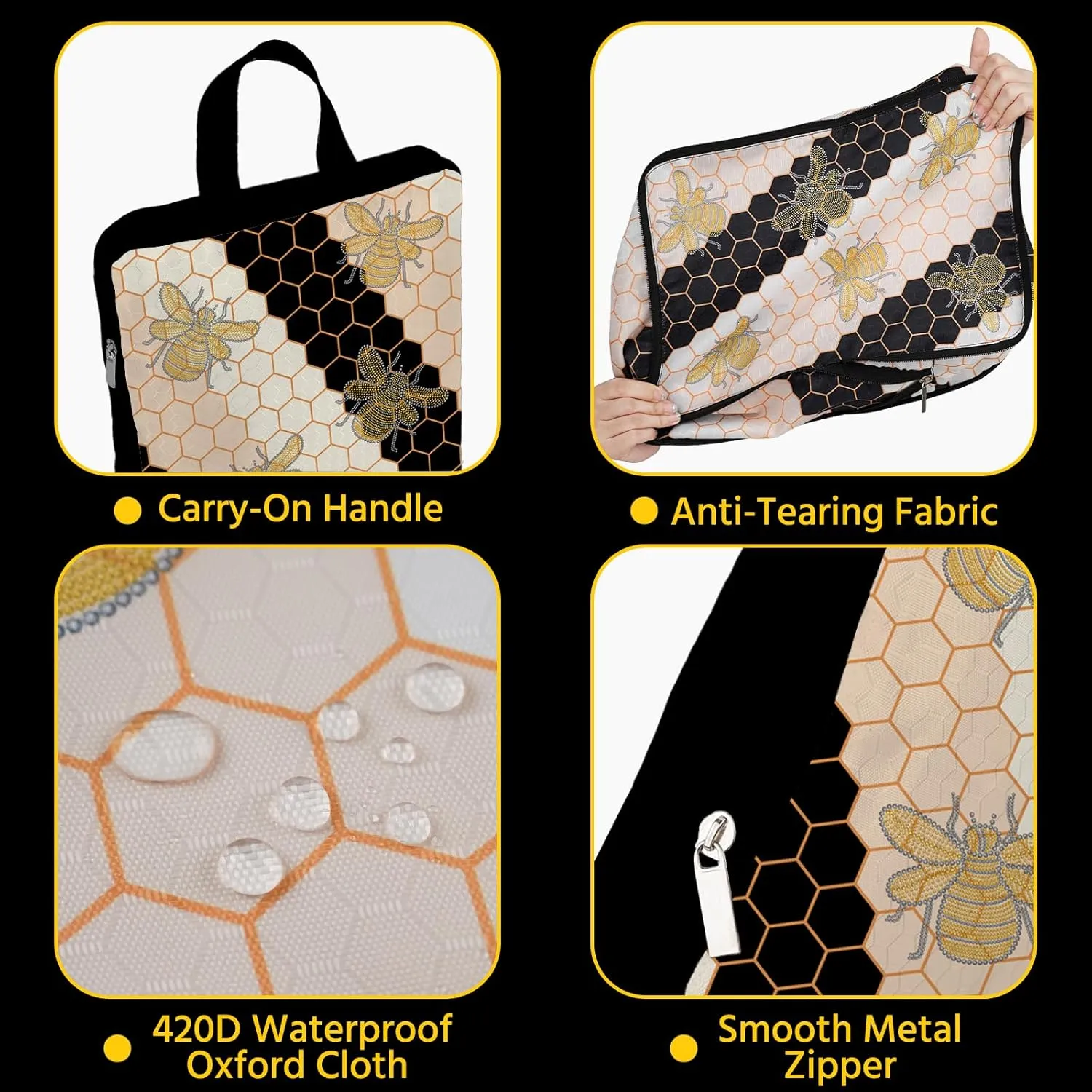 6 Pcs Compression Packing Cubes Waterproof Suitcase Travel Bag Luggage Backpack Organizer Travel Cubes for Packing-Black and Gold Bees