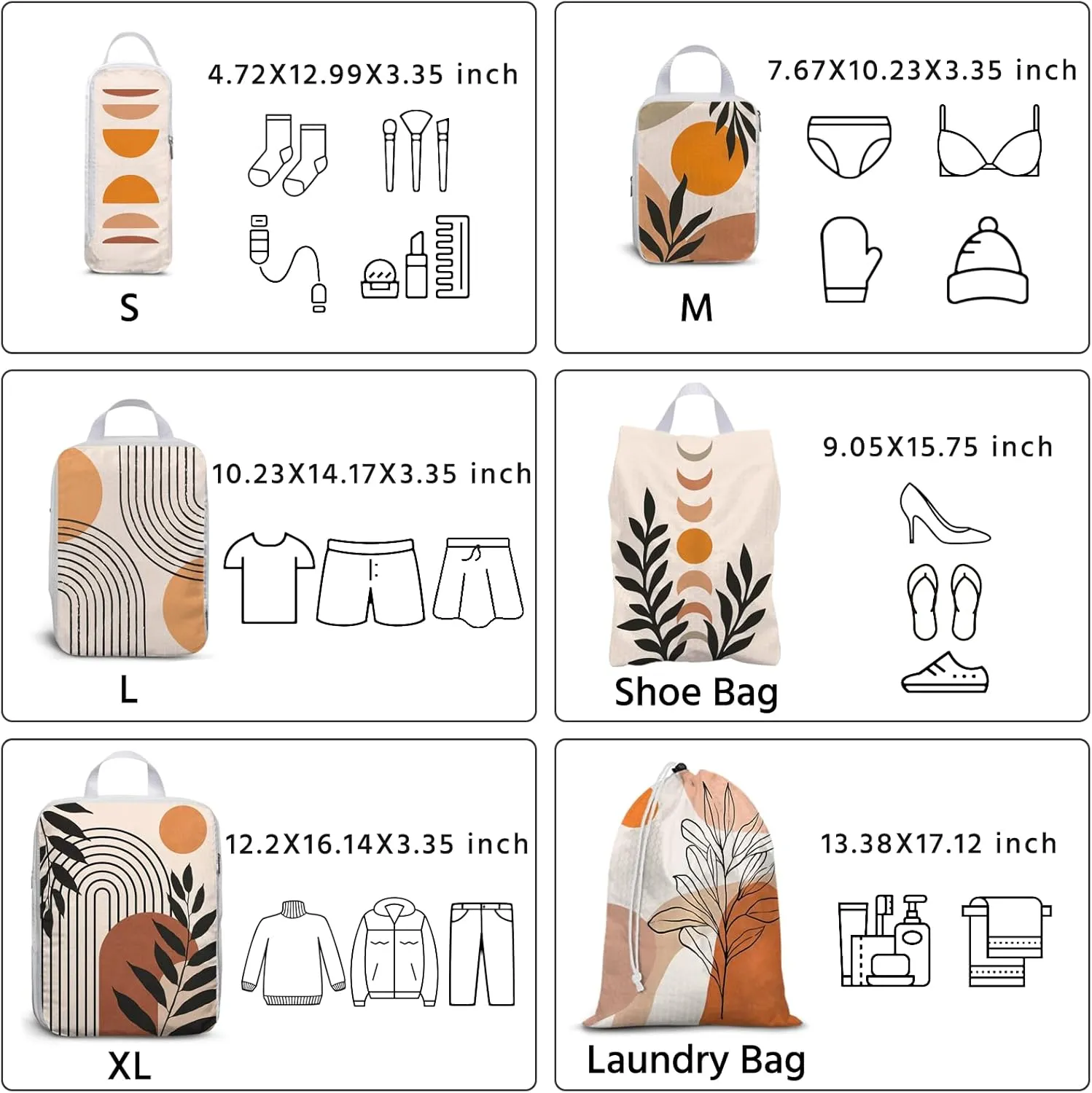 6 Pcs Compression Packing Cubes Waterproof Suitcase Travel Bag Luggage Backpack Organizer Travel Cubes for Packing-Bohemian