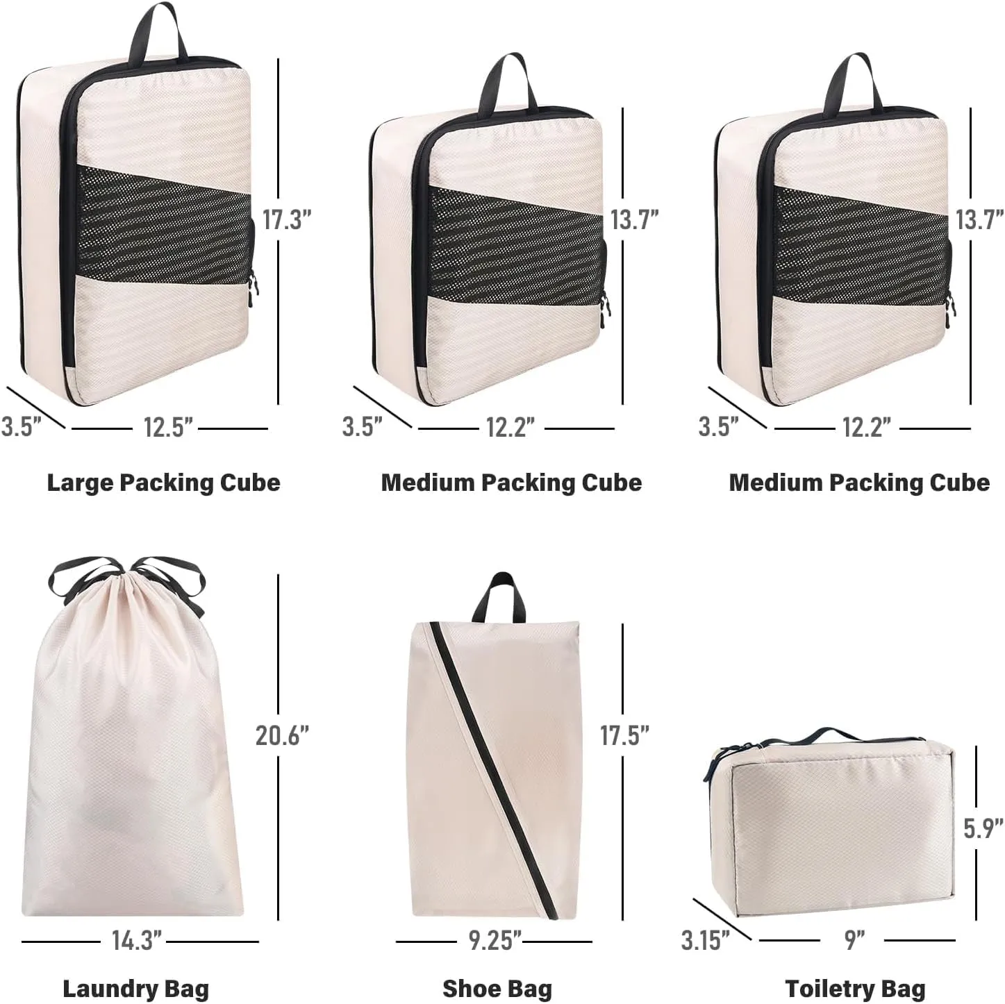 6 Set Space-Saving Compression Packing Cubes for Travel, Durable Suitcase Organizer Bags Set for Travel Essentials, Double Zipper Compression Packs, Cream