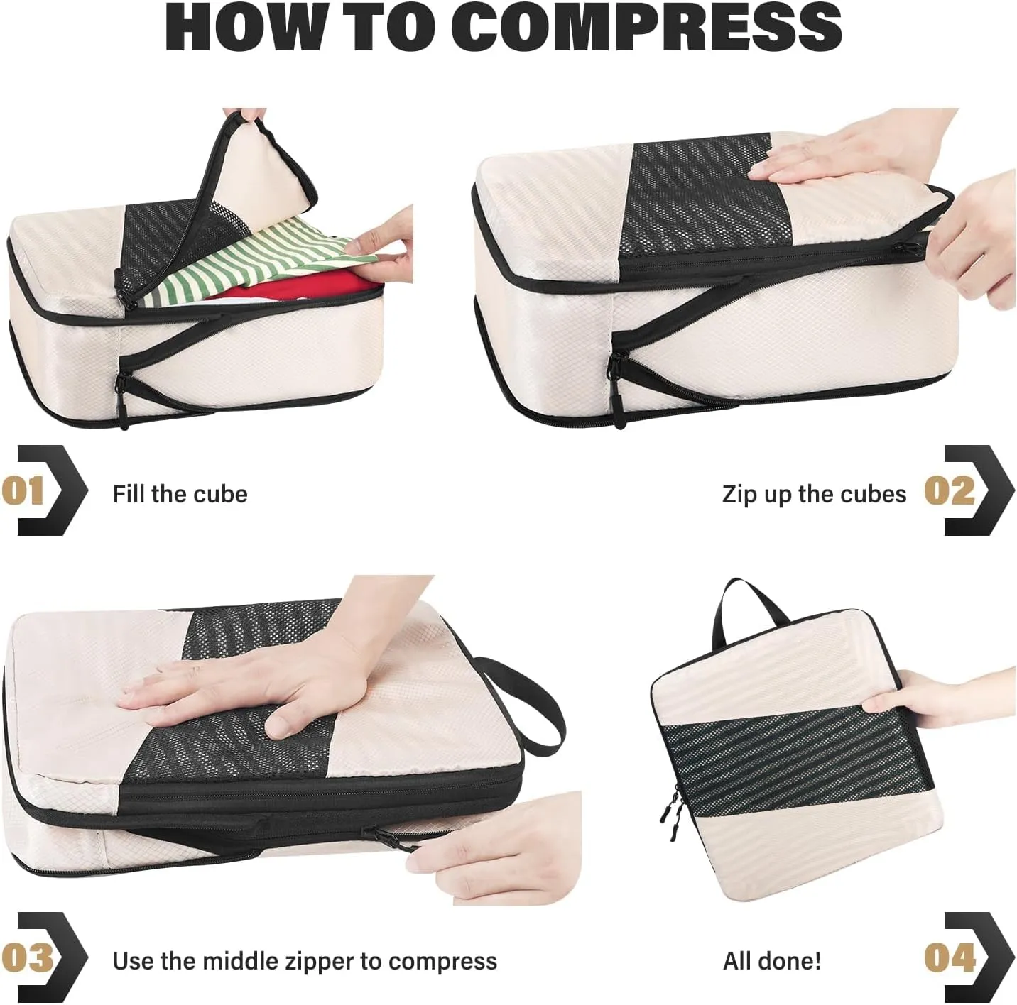 6 Set Space-Saving Compression Packing Cubes for Travel, Durable Suitcase Organizer Bags Set for Travel Essentials, Double Zipper Compression Packs, Cream