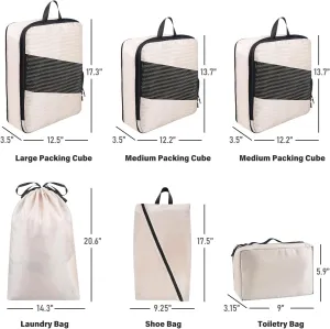 6 Set Space-Saving Compression Packing Cubes for Travel, Durable Suitcase Organizer Bags Set for Travel Essentials, Double Zipper Compression Packs, Cream