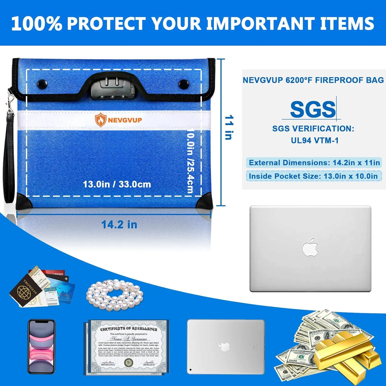 6200°F Fireproof Document Bag with Lock, Upgraded Fireproof Bag with Zipper/Reflective Strip, 9 Layers of Heat Insulated Materials, Fireproof Money Bag for Cash, 14.2"x11" Fireproof Pouch with Handle