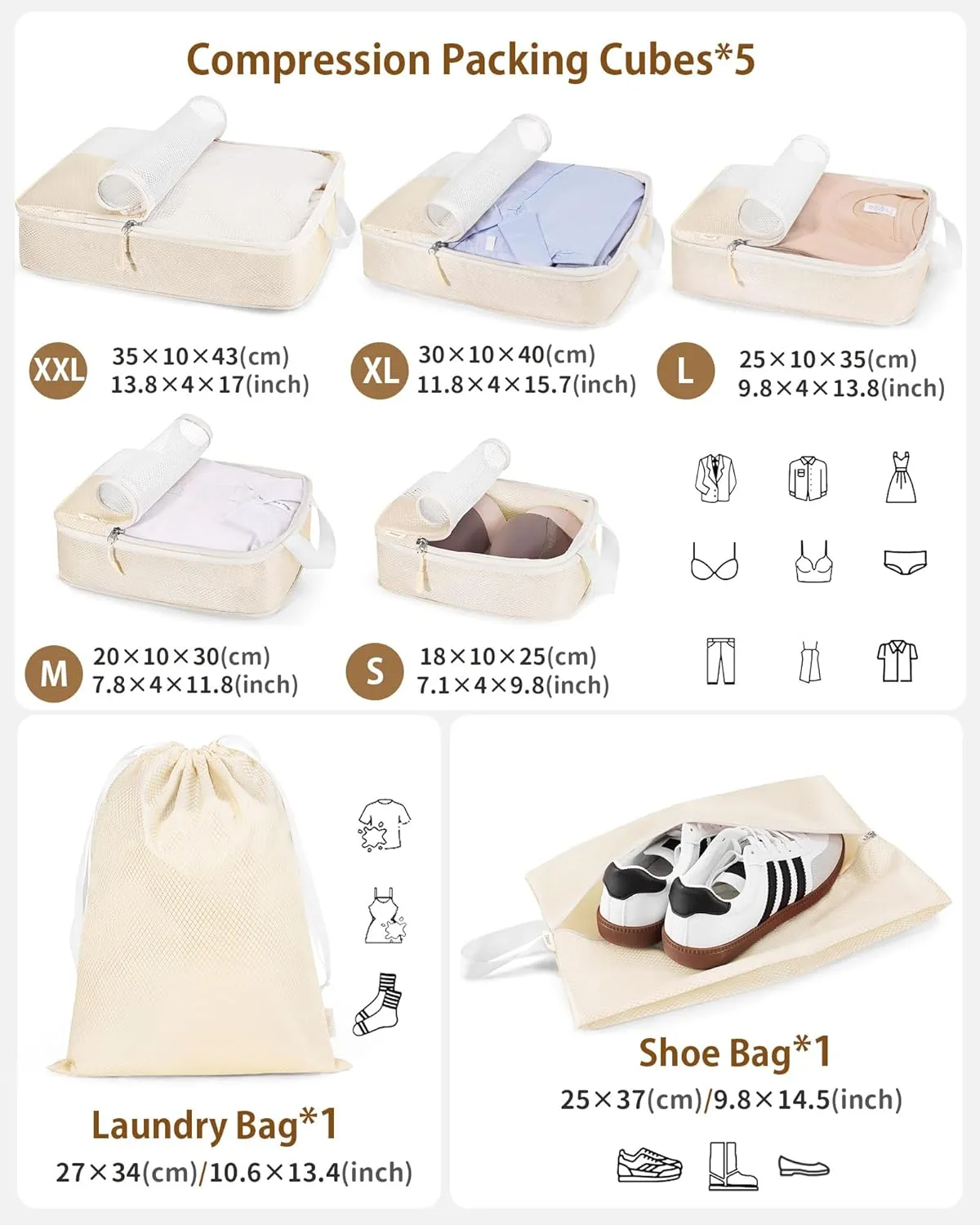 7 Set Compression Packing Cubes for travel,Packing Cubes for Travel Compression,Luggage Organizer Bags,tripped compression packing cubes,suitcase organizer bags set,Travel Essentials,Beige