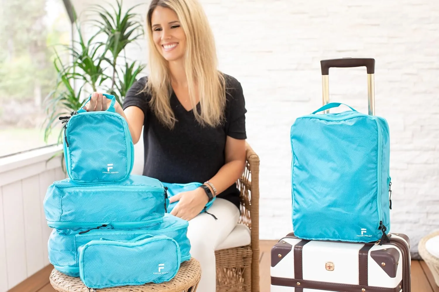 8 Piece Compression Packing Cubes Set - Double Capacity Design for Travel - Small, Medium & Large Sizes - Carry-On Suitcase Organizer Bags (Turquoise)