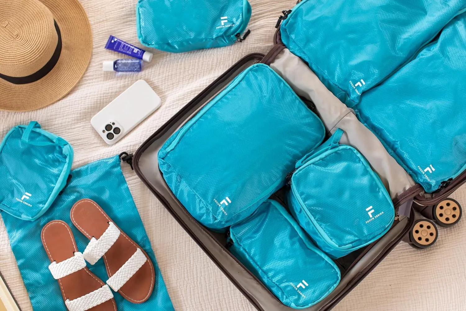 8 Piece Compression Packing Cubes Set - Double Capacity Design for Travel - Small, Medium & Large Sizes - Carry-On Suitcase Organizer Bags (Turquoise)